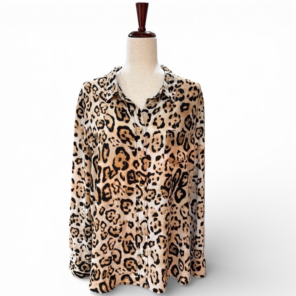 VINCE CAMUTO Leopard Animal Print Blouse w/Gold Buttons Size XL